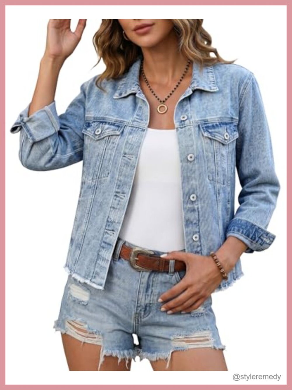 Women's Distressed Denim Jacket Button Up Vintage Western Trucker Frayed Hem